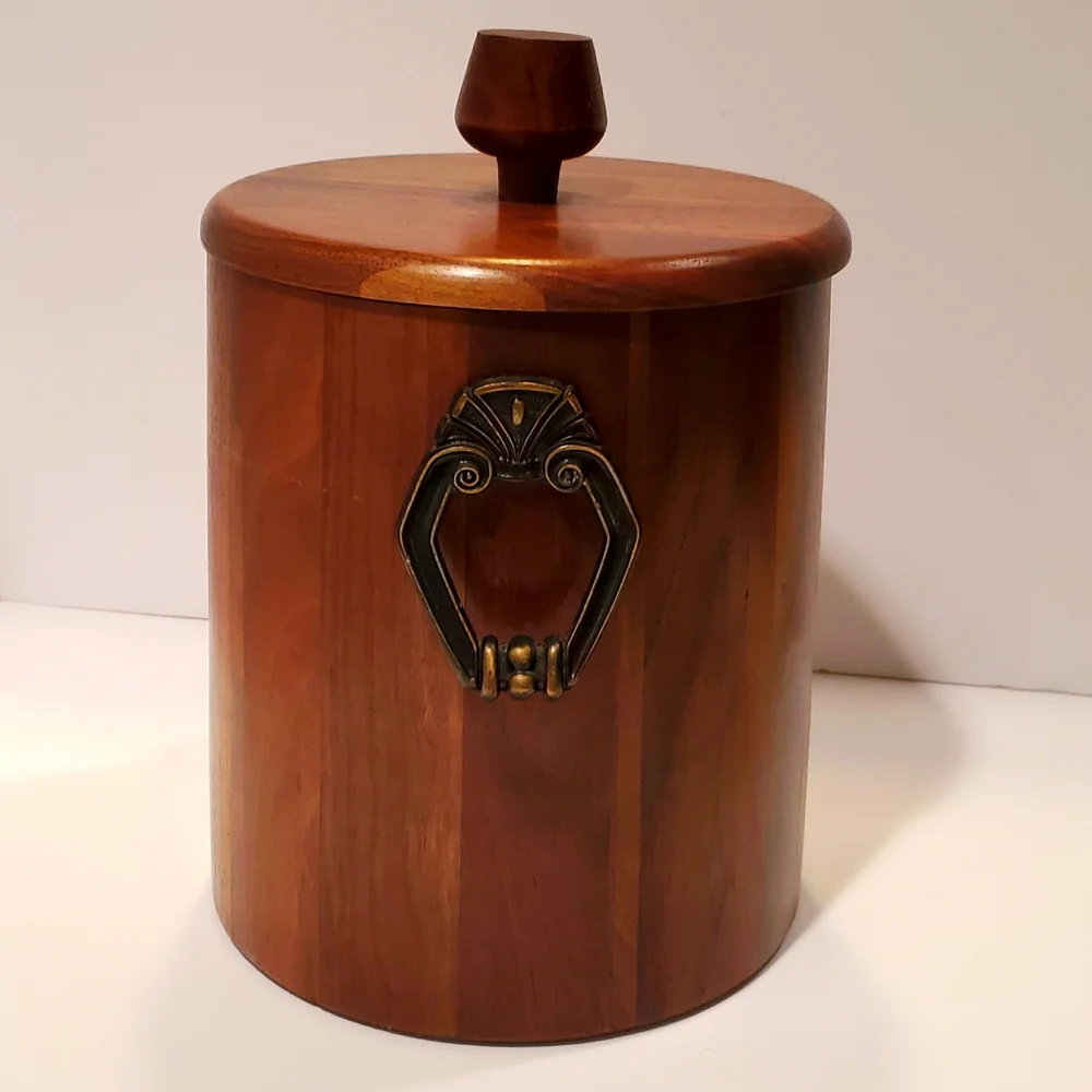 Vintage Vermillion Wooden Solid Walnut Ice Bucket With Plastic Liner MCM